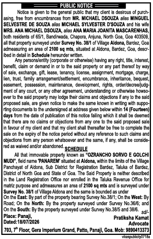 Public Notice: Proposed Property Purchase in Aldona, Goa