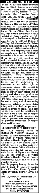 Public Notice: Proposed Property Purchase in Salvador-do-Mundo, Goa