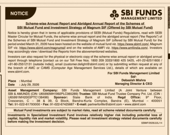 Public Notice: Publication of Scheme-wise Annual Reports by SBI Mutual Fund