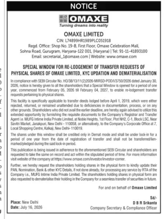 Public Notice: Re-Lodgement of Physical Shares & KYC Upgradation
