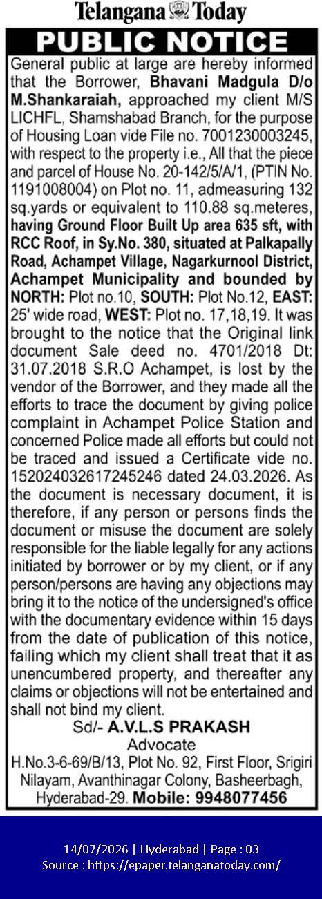 PUBLIC NOTICE REAGRDING A MISSING PROPERTY