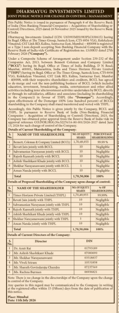 PUBLIC NOTICE REAGRDING CHANGE IN CONTROL AND MANAGEMENT