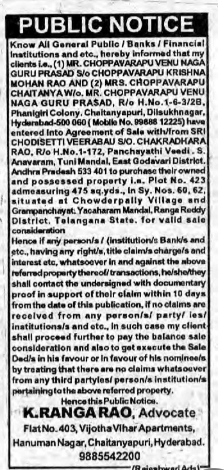 Public Notice Regarding Agreement of Sale for Plot No. 423 at Chowderpally Village