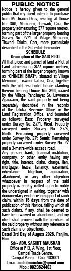 Public Notice regarding an Intended Property Purchase in Goa.