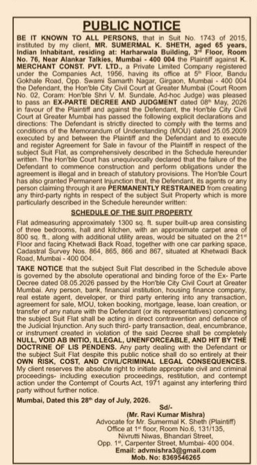 Public Notice Regarding Court Decree on Khetwadi Back Road Property, Mumbai