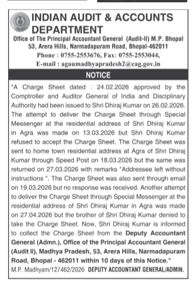 Public Notice regarding Delivery of Charge Sheet to Shri Dhiraj Kumar