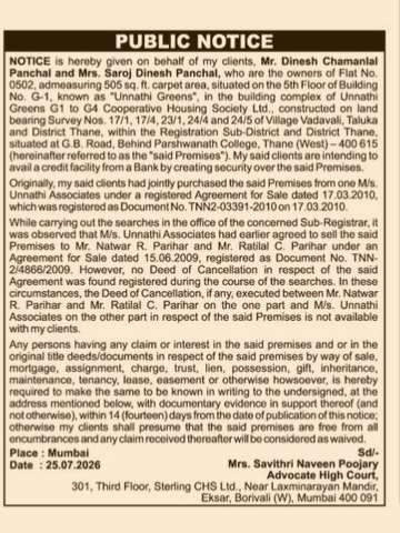 PUBLIC NOTICE regarding Flat No. 0502 in Unnathi Greens, Thane