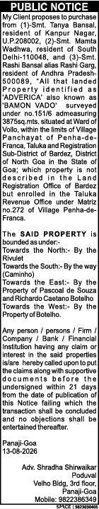 Public Notice regarding intended purchase of landed property in Penha-de-Franca, Goa
