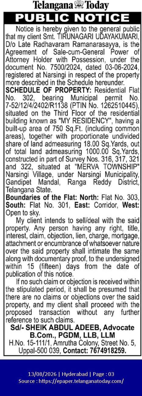 Public Notice regarding Intention to Sell Residential Flat No. 302 at 'MY RESIDENCY', Merva Township, Narsingi