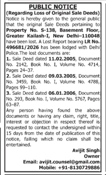 Public Notice Regarding Loss of Original Sale Deeds for Property No. S-138, Greater Kailash-I