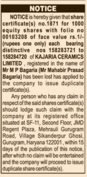PUBLIC NOTICE REGARDING LOSS OF SHARES CERTIFICATE