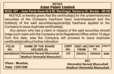 PUBLIC NOTICE REGARDING LOST OR MISPLACED SHARE CERTIFICATE