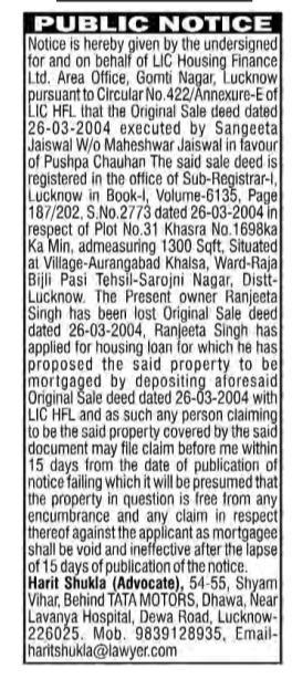Public Notice Regarding Lost Sale Deed for Plot No. 31, Lucknow