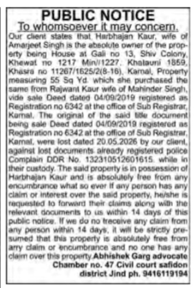 Public Notice Regarding Lost Sale Deed for Property in Karnal
