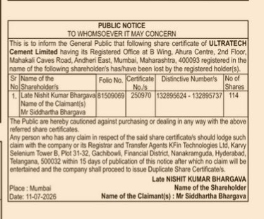 PUBLIC NOTICE REGARDING LOST share certificate