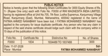 PUBLIC NOTICE -regarding lost share certificate