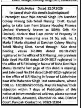 Public Notice Regarding Lost/Misplaced Chain Title Deed (Property Id No. 7NH89BL9)