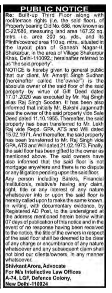 Public Notice Regarding Ownership and Title Clarification of Property No. C-22/686, Ganesh Nagar-II, Shakarpur, Delhi-110092