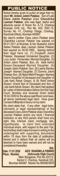 Public Notice Regarding Property Claims for Late Clara Jokim Patekar's Legal Heirs