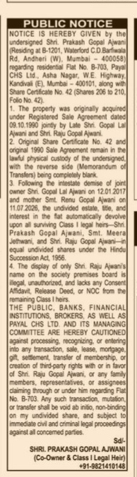 Public Notice Regarding Property Dispute and Inheritance of Flat B-703, Payal CHS Ltd.