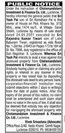 Public Notice regarding Property Mortgage and Loan Intention.