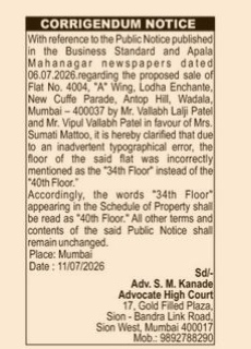 PUBLIC NOTICE REGARDING sale of residential flat