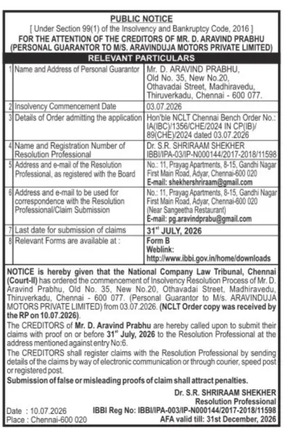 PUBLIC NOTICE regarding the insolvency resolution process