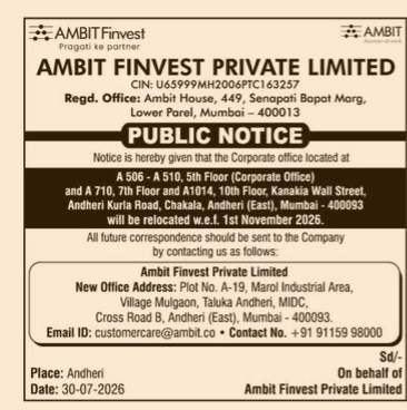 Public Notice: Relocation of Corporate Office of Ambit Finvest Private Limited