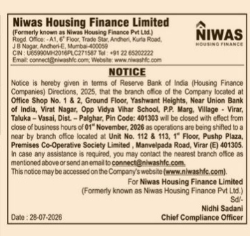 Public Notice: Relocation of Niwas Housing Finance Virar Branch Office