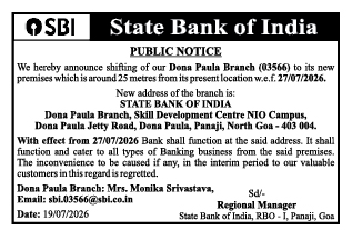 Public Notice: Relocation of SBI Dona Paula Branch