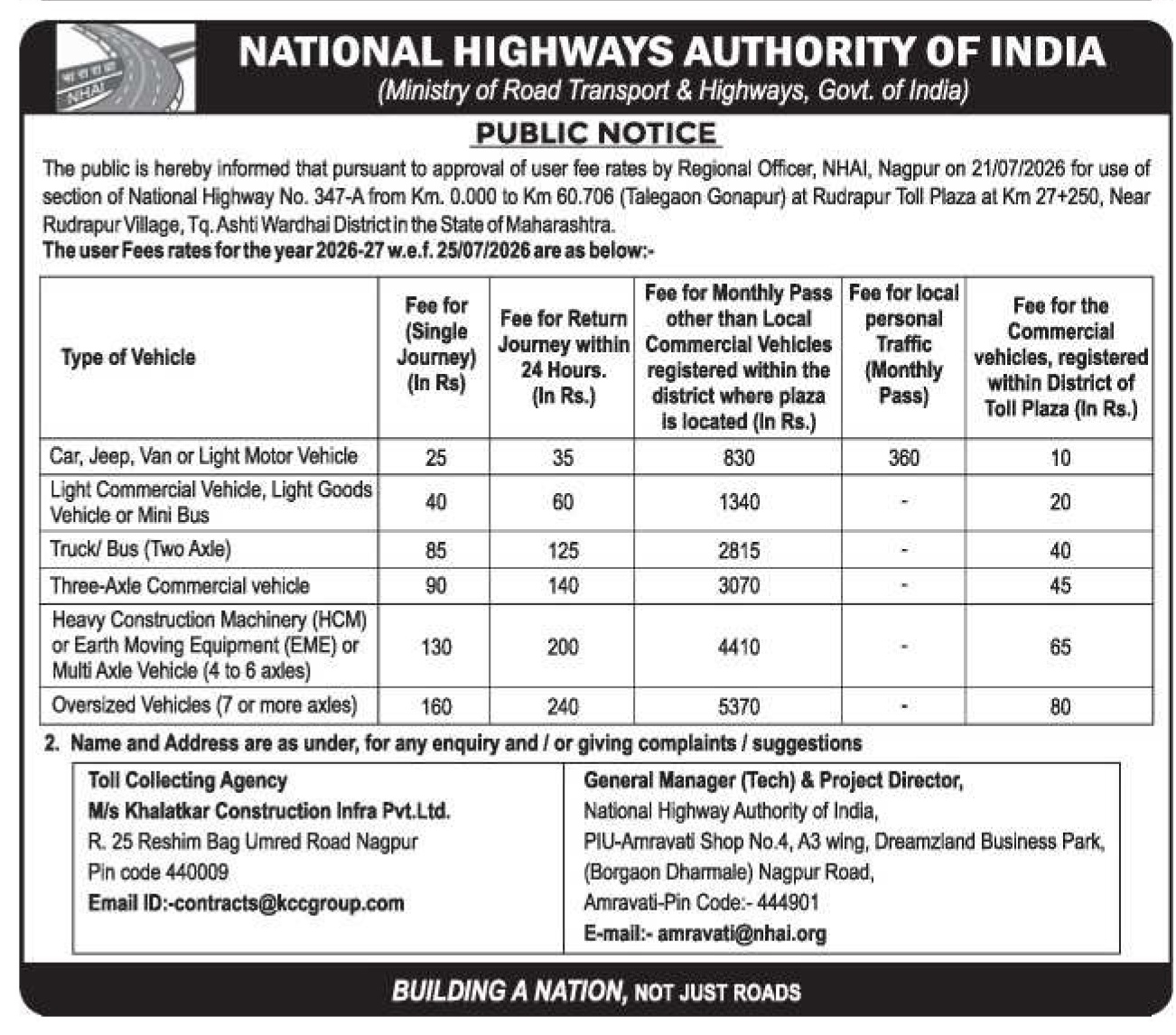 Public Notice: Revision of User Fee Rates for Rudrapur Toll Plaza (NH 347-A)