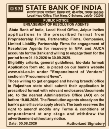 Public Notice: SBI Engagement of Resolution Agents (Jaipur, Rajasthan)