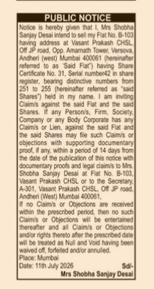 PUBLIC NOTICE -selling of flat