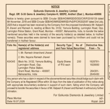 Public Notice: Share Transfer Request for Golkunda Diamonds & Jewellery Limited