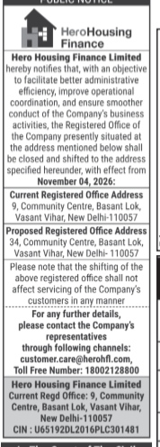 Public Notice: Shifting of Registered Office of Hero Housing Finance Limited