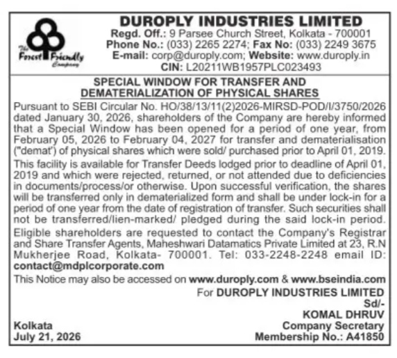 Public Notice: Special Window for Transfer and Demat of Physical Shares