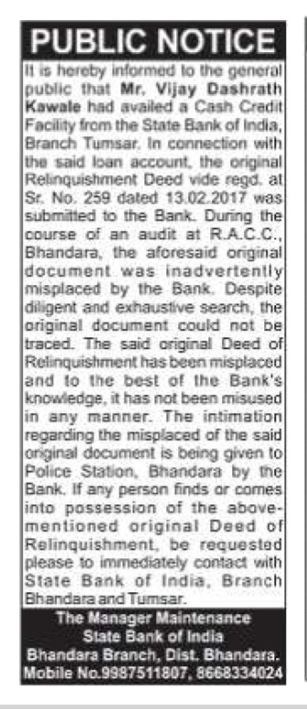 Public Notice: State Bank of India Misplaced Original Relinquishment Deed