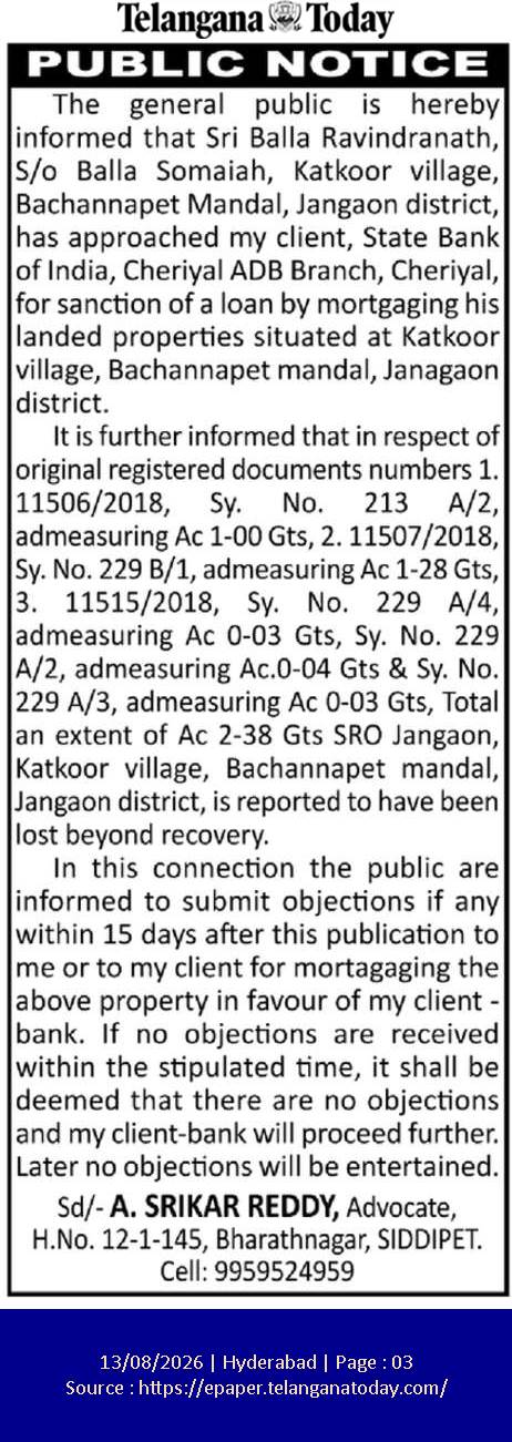 Public Notice: State Bank of India Property Mortgage and Lost Documents (Sri Balla Ravindranath)