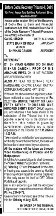 Public Notice: State Bank of India vs. Sh Vikas Gandhi