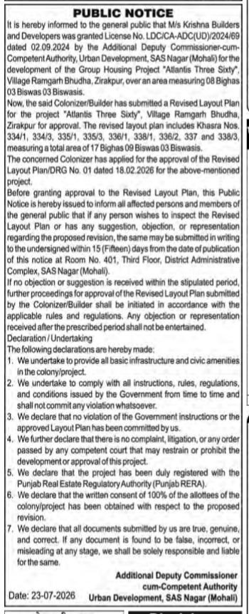 Public Notice: Submission of Revised Layout Plan for "Atlantis Three Sixty" Housing Project in Zirakpur, SAS Nagar (Mohali)