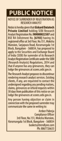Public Notice: Surrender of SEBI Research Analyst Registration by Giskard Datatech Private Limited