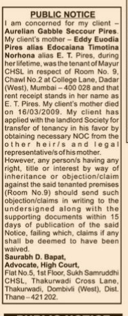 Public Notice: Tenancy Transfer Claim for Mayur CHSL, Dadar