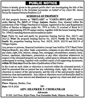 Public Notice: Title Investigation of "Deuladi" Property in Anjuna, Goa