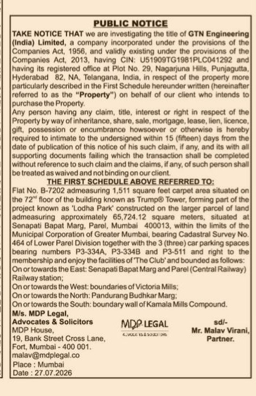 Public Notice: Title Investigation of Flat B-7202, Trump Tower, Lodha Park, Mumbai