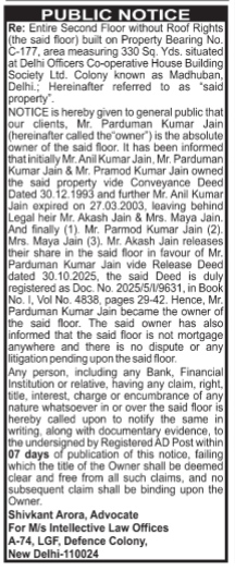 Public Notice: Title Ownership of C-177 Madhuban, Delhi