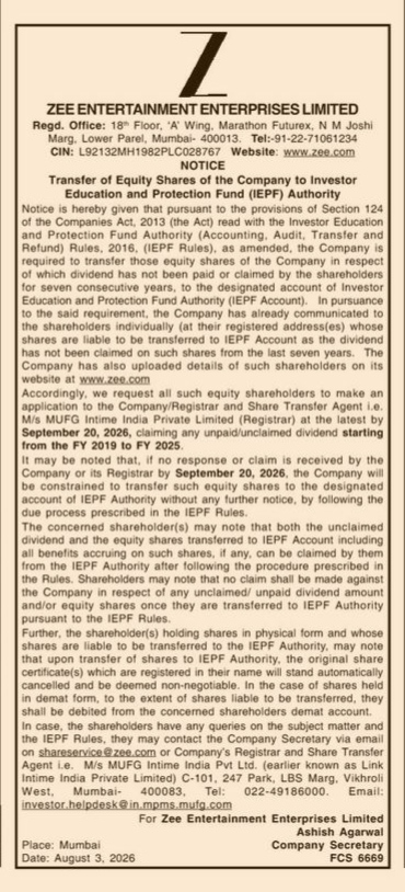 Public Notice: Transfer of Equity Shares of Zee Entertainment Enterprises Limited to IEPF Authority
