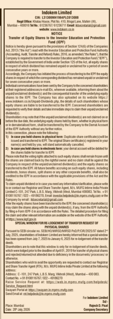 Public Notice: Transfer of Equity Shares to the IEPF (Indokem Limited)