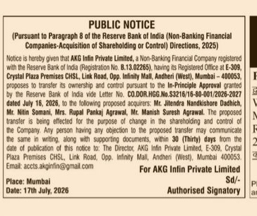 Public Notice: Transfer of Ownership and Control of AKG Infin Private Limited