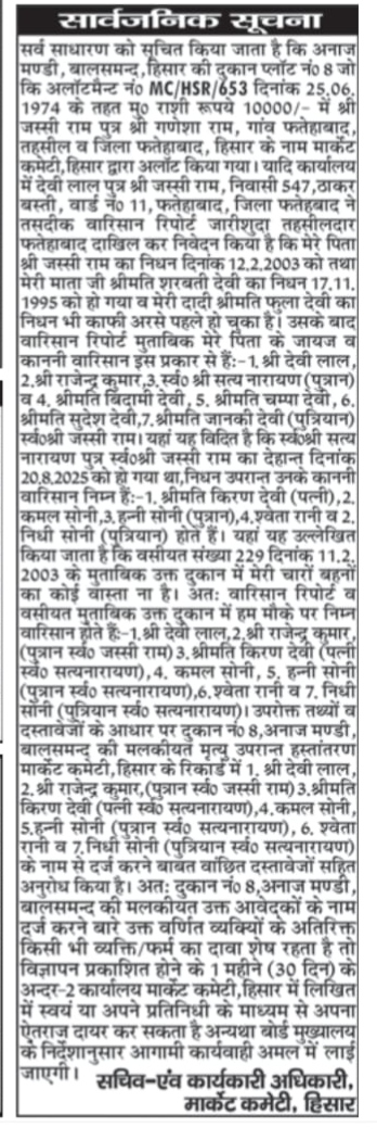 Public Notice: Transfer of Ownership of Shop Plot No. 8, Anaj Mandi, Balsamand due to Succession