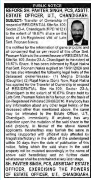 Public Notice: Transfer of Residential Site No. 109, Sector 23-A, Chandigarh